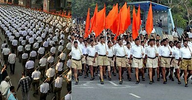Paramilitaristinės Nacionalinės savanorių organizacijos (Rāṣṭrīya Svayaṃsevak Saṅgh – RSS) nariai demonstracijoje