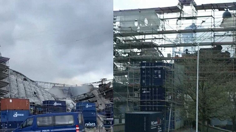Užfiksuota tiesioginiame eteryje: Kopenhagoje po gaisro sugriuvo istorinio pastato fasadas