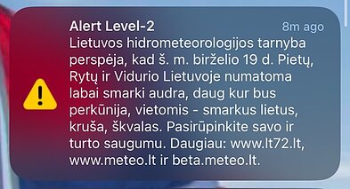 Perspėjimas gyventojams dėl artėjančios audros