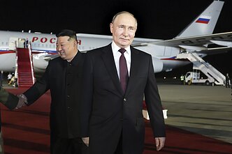 Kim Jong Unas ir Vladimiras Putinas 2024-ųjų birželio 18 d. Pchenjane