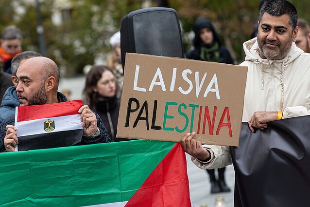 A Palestine support rally in October 2023, in Vilnius. The banner says "Free Palestine"