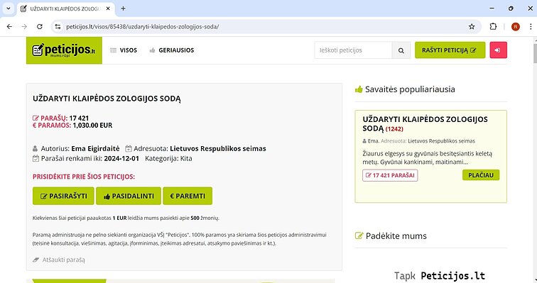 Peticija dėl Klaipėdos zoologijos sodo