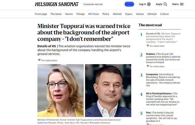 Publikacija apie G. Žiemelį didžiausiame Suomijos dienraštyje „Helsingin Sanomat“ 