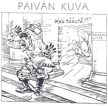 Карикатура в газете, иллюстрирующая исключение СССР из Лиги Наций как агрессора в середине декабря 1939 года