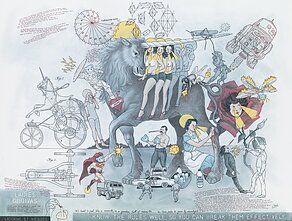 Ledi Godivos ir Vienaragis. 2023. Drobė, akrilas, grafitas, 145x190. Privati nuos.