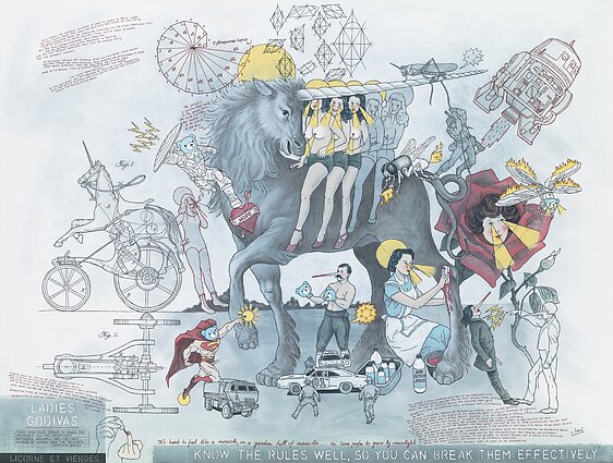 Ledi Godivos ir Vienaragis. 2023. Drobė, akrilas, grafitas, 145x190. Privati nuos.