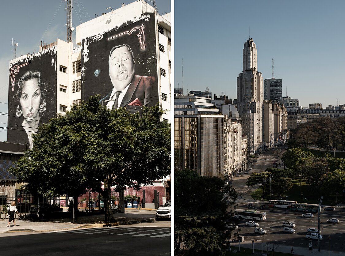 Murals showing Tita Merello and Anibal Troilo, famous tango musicians, in La Boca, Buenos Aires, 2024. Right: the Kavanagh tower, inaugurated in 1936, was the tallest building in Latin America