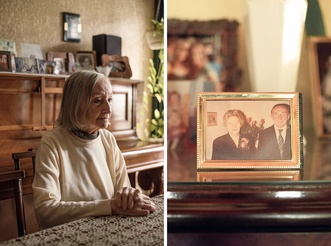 Marta Aglinskas in her home in Lugano, Buenos Aires, 2024. The framed picture shows her mother Anelė Kubiliūtė and father Jonas Jacunskis