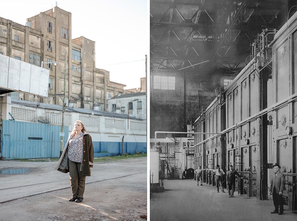 Miriam Griszka, president of the Lithuanian centre Mindaugas, next to SWIFT slaughterhouse. SWIFT  slaughterhouse in the 1930s