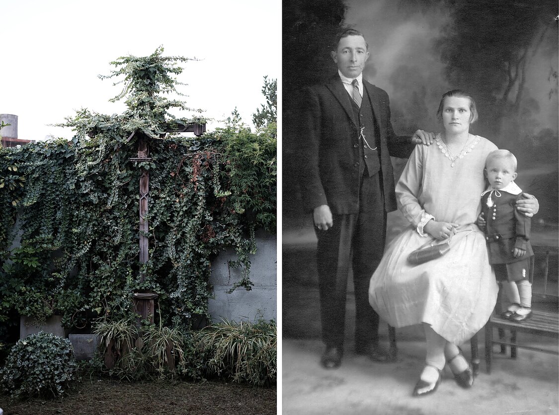 A cross in the courtuard of the Mindaugas Society, Berisso, 2024. Feliks Griszka, his wife Teresė Sasnouskaitė and son Jonas Simonas. Feliks Griszka was one of the founders of the Mindaugas Society and its first president