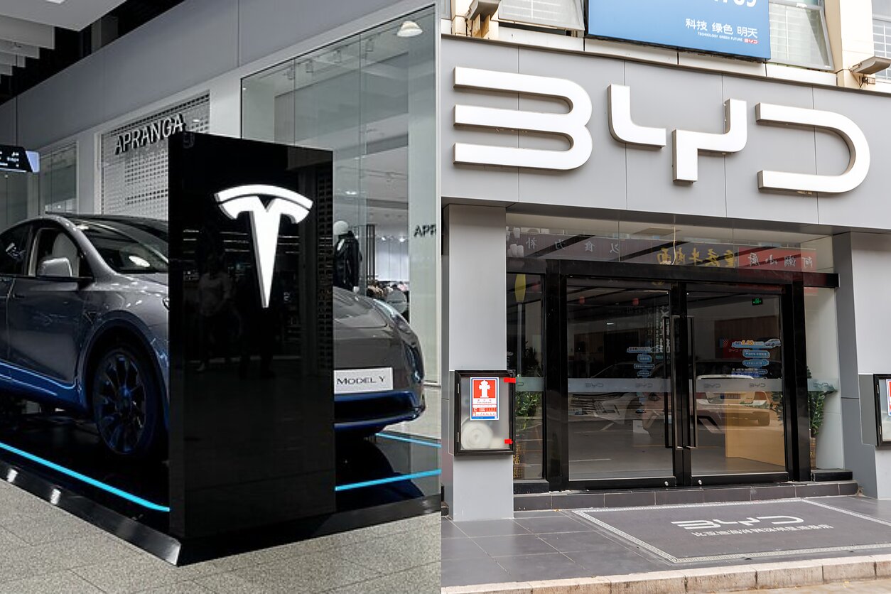 „Tesla“ ir BYD. Bendrovės ir „Vida Press“ fotokoliažas