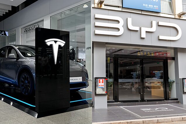 „Tesla“ ir BYD. Bendrovės ir „Vida Press“ fotokoliažas