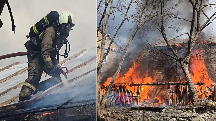 Gaisras Vilniaus Užupyje: užsidegė mediniai sandėliukai, liepsnos persimetė į kitą pastatą