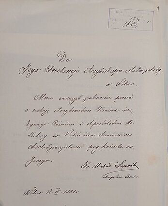 List ks. Sopoćki w sprawie erygowania w seminaryjnym kościele pw. św. Jerzego bractwa różańcowego. 