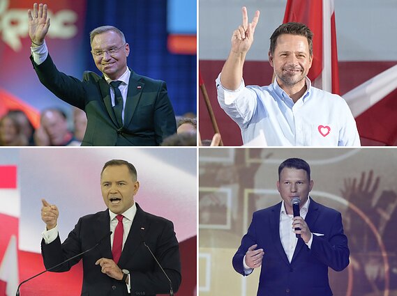 Obecny prezydent Polski Andrzej Duda (u góry po lewej), liberalny prezydent Warszawy Rafał Trzaskowski (u góry po prawej), konserwatywny Karol Nawrocki popierany przez PiS (u dołu po lewej) i Sławomir Mentzen (u dołu po prawej)