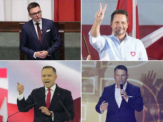 Четыре ведущих кандидата на президентских выборах в Польше: спикер парламента Шимон Головня (слева вверху), либеральный мэр Варшавы Рафал Тшасковский (справа вверху) и консервативные националисты Кароль Навроцкий (слева внизу) и Славомир Ментцен (справа внизу). Четыре ведущих кандидата на президентских выборах в Польше: спикер парламента Шимон Головня (слева вверху), либеральный мэр Варшавы Рафал Тшасковский (справа вверху) и консервативные националисты Кароль Навроцкий (слева внизу) и Славомир Ментцен (справа внизу).