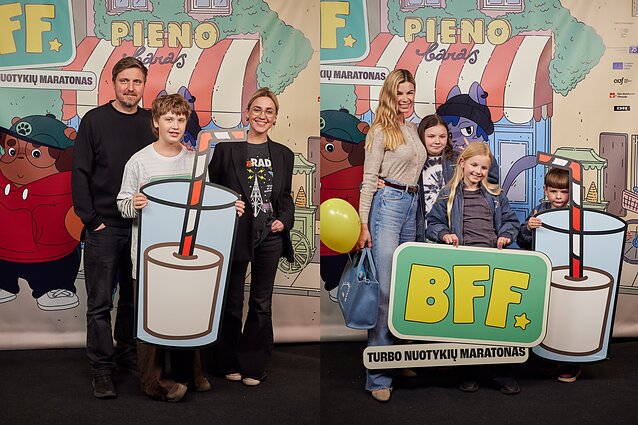 Eglė Kernagytė-Dambrauskė ir Laura Mazalienė su vaikais ir šeima „BFF. Turbo nuotykių maratono“ premjeroje
