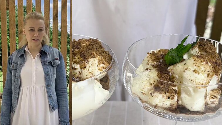 Tradicijomis pasaldintas desertas: ledai su medumi, ruginės duonos trupiniais ir varške