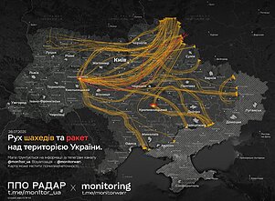 Траекторії атак крилатих ракет і "шахедів" по Україні в ніч з 27 на 29 липня 2025 року. Помітно, що один з дронів бере курс на Білорусь