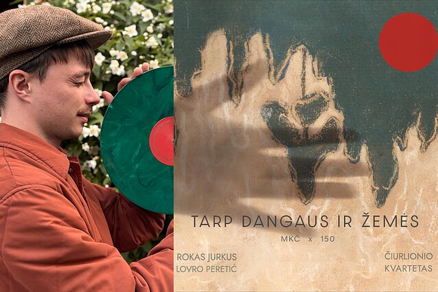 Rokas Jurkus plokštelės „Tarp dangaus ir žemės“ akivaizdoje. Albumo viršelis Rokas Jurkus plokštelės „Tarp dangaus ir žemės“ akivaizdoje. Albumo viršelis