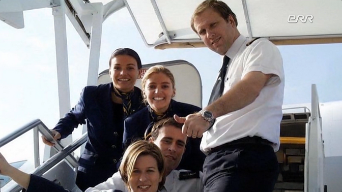 Thomas as an airline pilot together with his crew in an undated photo.