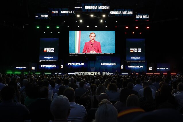 Italian Prime Minister Giorgia Meloni from the far-right party Fratelli d'Italia is connected via video to a conference in Madrid organised by the Spanish far-right party Vox in September 2025.