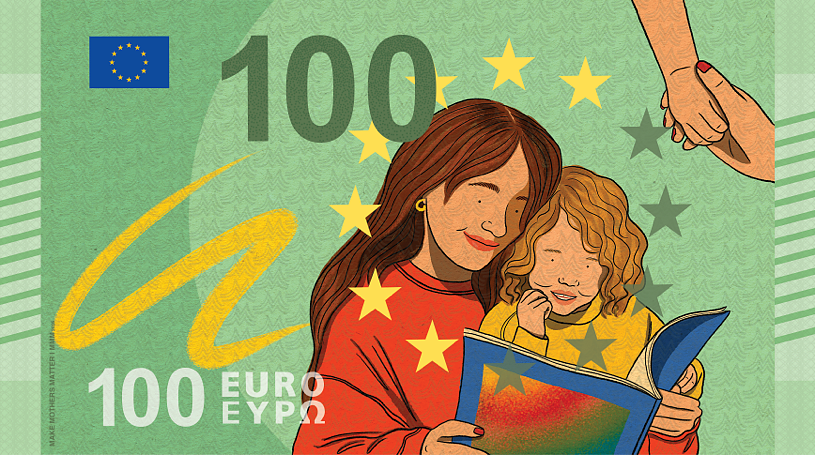 „Make Mothers Matter“ iniciatyva sukurti eurų banknotų pavyzdžiai, kuriuose vaizduojamas nematomas motinų darbas. „Make Mothers Matter“ iniciatyva sukurti eurų banknotų pavyzdžiai, kuriuose vaizduojamas nematomas motinų darbas.