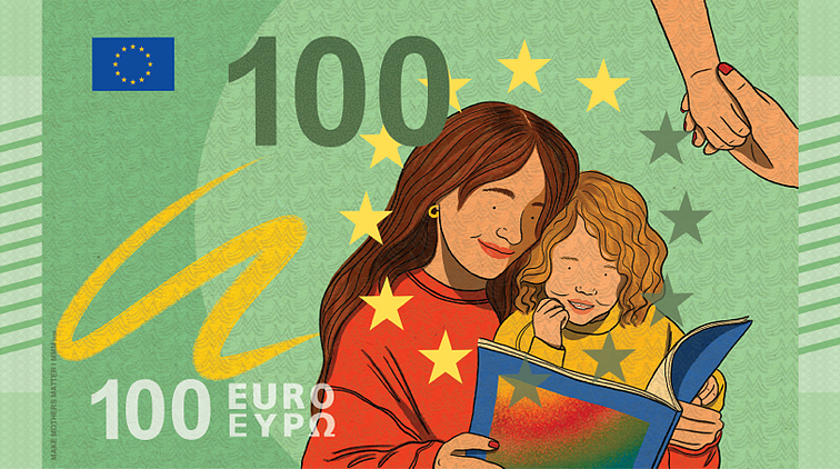 „Make Mothers Matter“ iniciatyva sukurti eurų banknotų pavyzdžiai, kuriuose vaizduojamas nematomas motinų darbas. „Make Mothers Matter“ iniciatyva sukurti eurų banknotų pavyzdžiai, kuriuose vaizduojamas nematomas motinų darbas.
