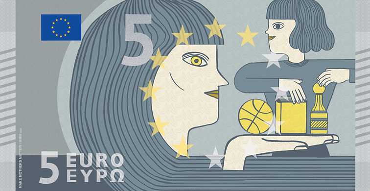 „Make Mothers Matter“ iniciatyva sukurti eurų banknotų pavyzdžiai, kuriuose vaizduojamas nematomas motinų darbas. „Make Mothers Matter“ iniciatyva sukurti eurų banknotų pavyzdžiai, kuriuose vaizduojamas nematomas motinų darbas.