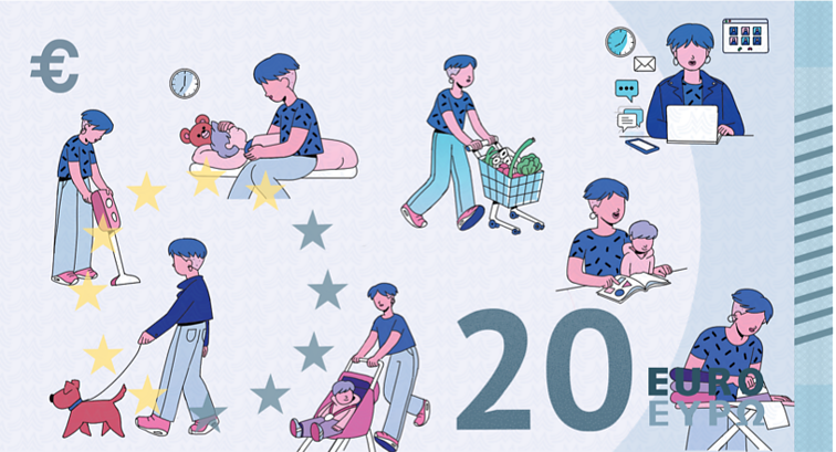 „Make Mothers Matter“ iniciatyva sukurti eurų banknotų pavyzdžiai, kuriuose vaizduojamas nematomas motinų darbas. „Make Mothers Matter“ iniciatyva sukurti eurų banknotų pavyzdžiai, kuriuose vaizduojamas nematomas motinų darbas.