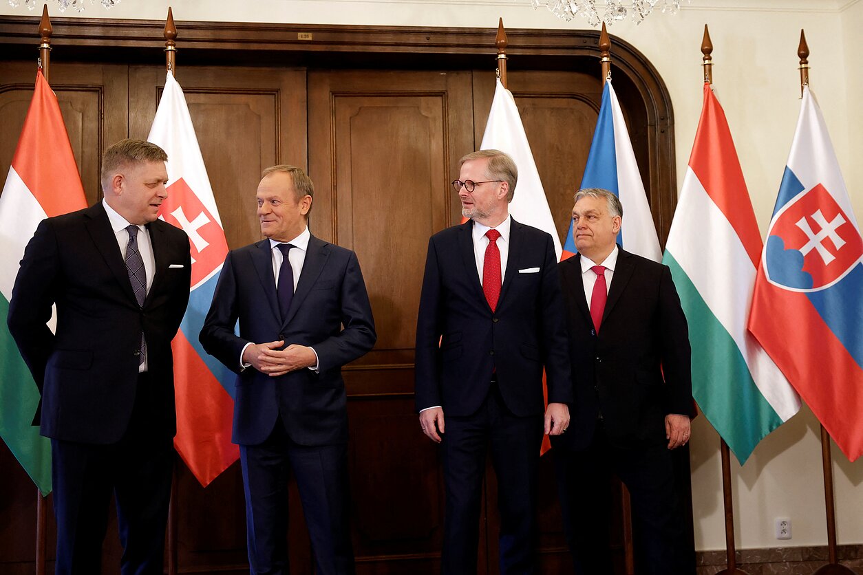 Slovakia’s Prime Minister Robert Fico, Poland's Prime Minister Donald Tusk, Czech Republic's Prime Minister Petr Fiala and Hungary's Prime Minister Viktor Orban pose for a group photo during the summit of the Visegrad Group (V4) countries in Prague, Czech Republic, February 27, 2024