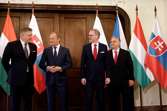Slovakia’s Prime Minister Robert Fico, Poland's Prime Minister Donald Tusk, Czech Republic's Prime Minister Petr Fiala and Hungary's Prime Minister Viktor Orban pose for a group photo during the summit of the Visegrad Group (V4) countries in Prague, Czech Republic, February 27, 2024