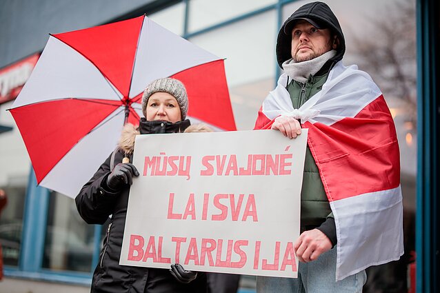 A rally outside the Belarusian embassy in Vilnius