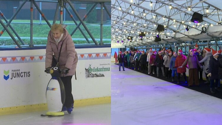 Šilutės ledo arenoje – pamokos senjorams, kaip nepaslysti gatvėse: mokosi pingvino eisenos