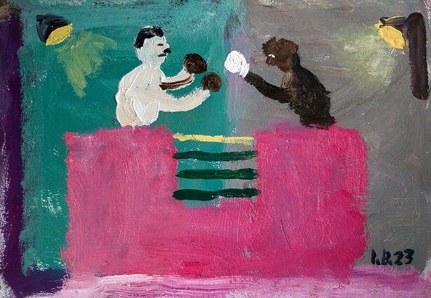 Ina Budrytė „Boksas“, 23 x 33 cm, kartonas, aliejus, 2023.