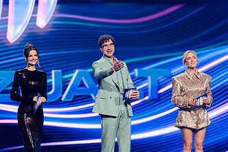 Penktosios EUROVIZIJA.LT atrankos vedėjai Gabrielė Martirosian, Rimvydas Černiauskas ir Eglė Kernagytė