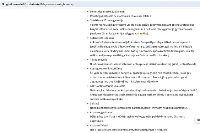Pardavėjo tinklapyje pateikiama informacija apie grindų dangą