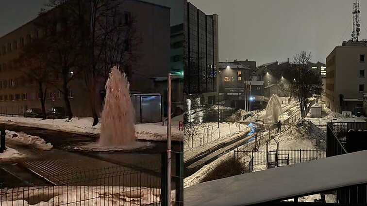 Naujamiestyje vidury gatvės išsiveržė fontanas: trūko vamzdis