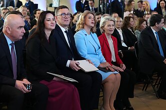 European Commissioner for Cohesion and Reforms Raffaele Fitto, European Commission President Ursula von der Leyen, Latvia's Prime Minister Evika Silina, Estonia's Prime Minister Kristen Michal, Lithuania's Prime Minister Inga Ruginiene and Romania's Prime Minister Ilie Bolojan attend a high level event on the Eastern Border Regions Strategy at EU headquarters in Brussels