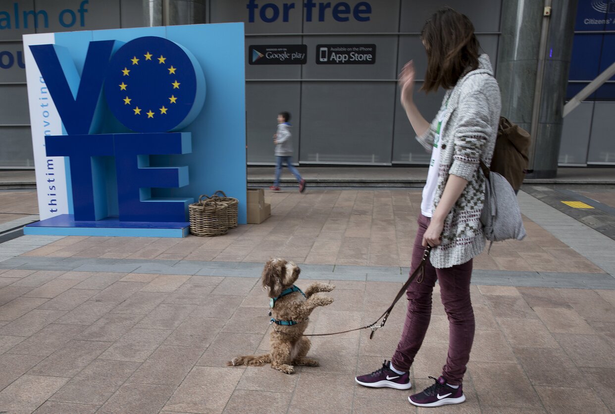 Šuo ir jo šeimininkė prie Europos Parlamento pastato Briuselyje