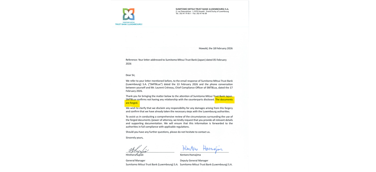 Japonijos banko Liuksemburgo filialo patikinimas, kad finansinės garantijos yra klastotės