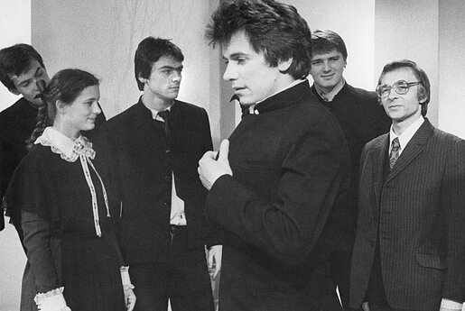 Rasa Jakučionytė, Albinas Arkauskas (trečias iš kairės), Ferdinandas Jakštys. 1982 m. 