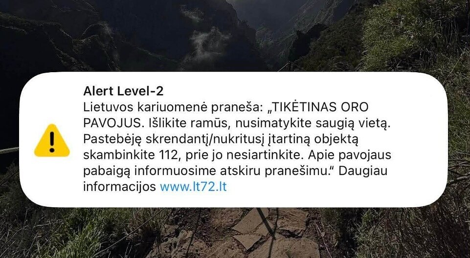 Gyventojams išsiųsti pranešimai apie galimą droną Gyventojams išsiųsti pranešimai apie galimą droną
