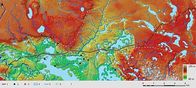7 pav. Vievio–Elektrėnų regiono archeologinio kraštovaizdžio rekonstrukcija:  1 – tirta GIPL trasa; 2 – anksčiau surastos archeologinės vietovės; 3 – naujai aptiktos archeologinės vietovės; 4 – esami ir užakę ežerai; 5 – esami ir išnykę upeliai ir upės; 6 – iki melioracijos buvusios pelkės; 7 – išskirti archeologiniai mikroregionai.