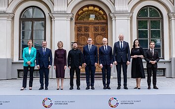 Andris Kulbergs, Volodymyr Zelenskyy and the Nordic-Baltic prime ministers at the NB8 summit in Tallinn on June 9, 2026.
