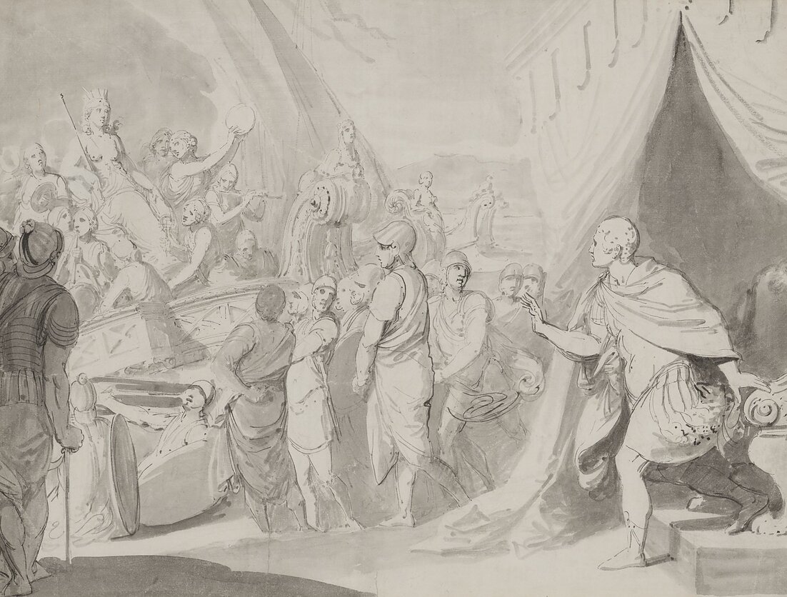 Pranciškus Smuglevičius (1745–1807). „Antonijaus ir Kleopatros susitikimas Tarse“. 1772. Popierius, tušas Pranciškus Smuglevičius (1745–1807). „Antonijaus ir Kleopatros susitikimas Tarse“. 1772. Popierius, tušas