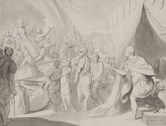 Pranciškus Smuglevičius (1745–1807). „Antonijaus ir Kleopatros susitikimas Tarse“. 1772. Popierius, tušas Pranciškus Smuglevičius (1745–1807). „Antonijaus ir Kleopatros susitikimas Tarse“. 1772. Popierius, tušas