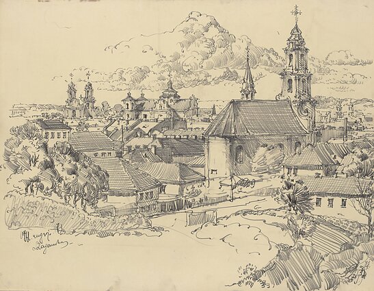 Leonas Lagauskas (1928–2010). „Vilniaus panorama“. 1971. Popierius, pieštukas Leonas Lagauskas (1928–2010). „Vilniaus panorama“. 1971. Popierius, pieštukas