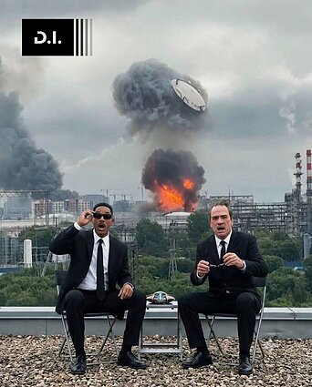 Su DI redaguoti vaizdai, pašiepiantys dronų ataką Maskvoje. Nuotraukoje – kino juostos „Vyrai juodais drabužiais“ pagrindiniai veikėjai, kurie filme gaudo Žemėje gyvenančius ateivius Su DI redaguoti vaizdai, pašiepiantys dronų ataką Maskvoje. Nuotraukoje – kino juostos „Vyrai juodais drabužiais“ pagrindiniai veikėjai, kurie filme gaudo Žemėje gyvenančius ateivius