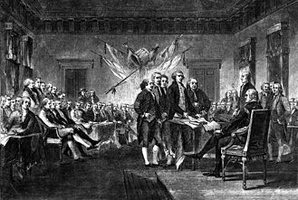 Nepriklausomybės deklaraciją, kurią parengė Thomas Jefferson, Benjamin Franklin, John Adams, Philip Livingston ir Roger Sherman, patvirtino Kontinentinis kongresas Filadelfijoje, 1776 m. liepos 4-oji. Nepriklausomybės deklaraciją, kurią parengė Thomas Jefferson, Benjamin Franklin, John Adams, Philip Livingston ir Roger Sherman, patvirtino Kontinentinis kongresas Filadelfijoje, 1776 m. liepos 4-oji.
